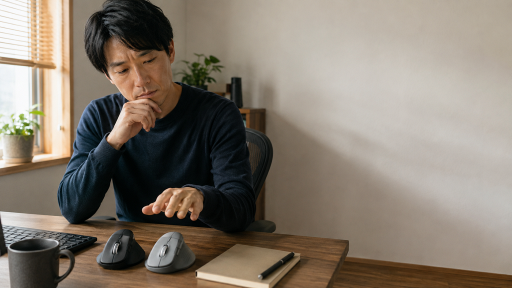 木製デスクに並んだ黒とグレーのエルゴノミックマウスを前に、手を伸ばして選び方を検討する男性