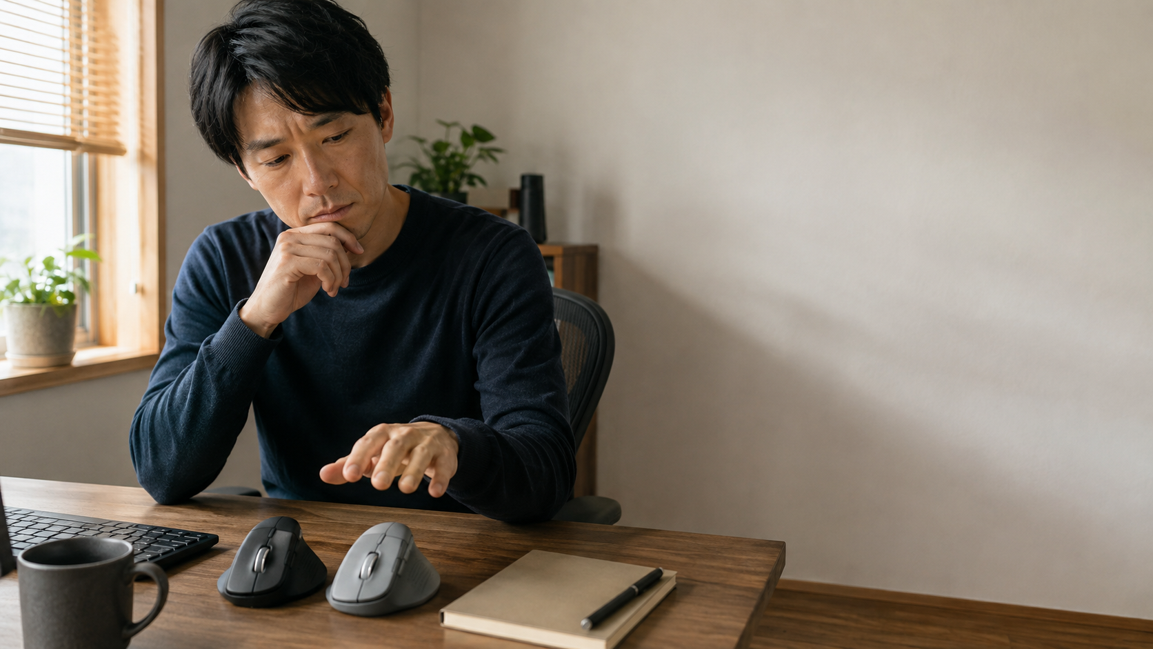 木製デスクに並んだ黒とグレーのエルゴノミックマウスを前に、手を伸ばして選び方を検討する男性