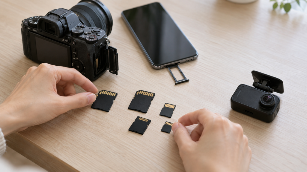 カメラ、スマホ、ドライブレコーダーのそばで、機器に合うSDカードとmicroSDカードを選ぶ手元