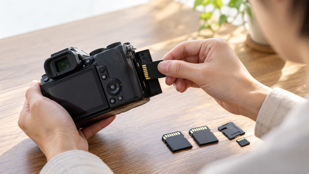 複数のSDカードとmicroSDカードを机に置き、カメラのカードスロットへ1枚を挿入する手元