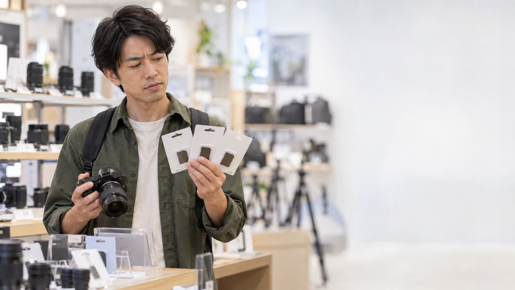 カメラ売り場で複数のSDカード候補を手に取り、使用するカメラとの組み合わせを見比べる男性