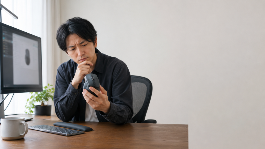 多ボタンのエルゴノミクスマウスを手に取り、設定前に操作部分を確認するデスクワーク中の男性