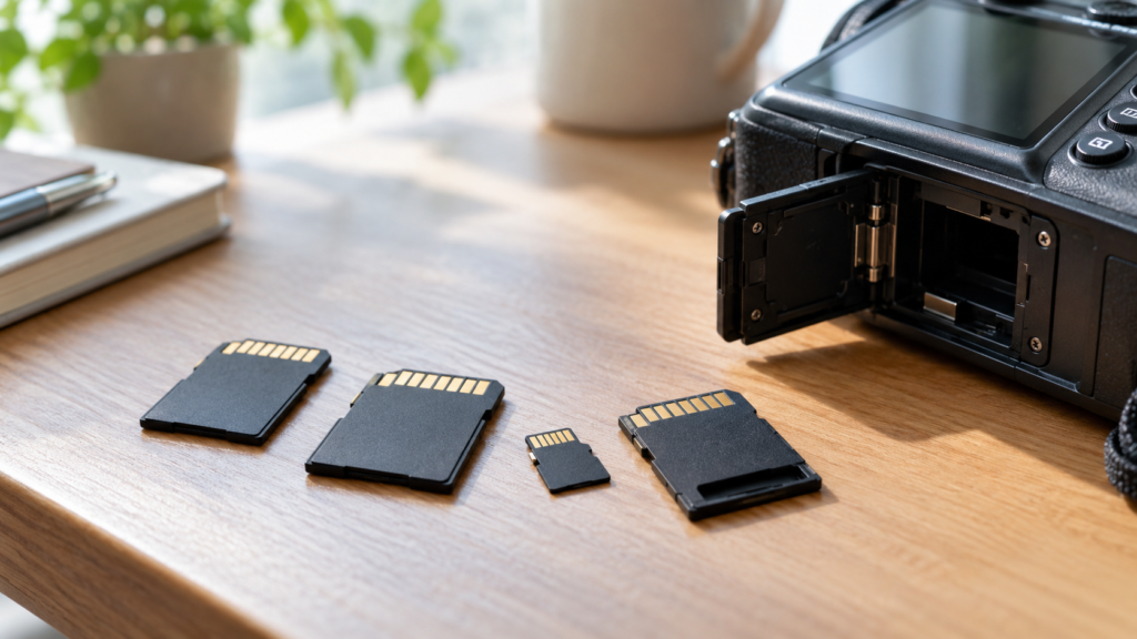 SDカード、microSD、変換アダプターを並べ、開いたカメラのカードスロットと比較する場面