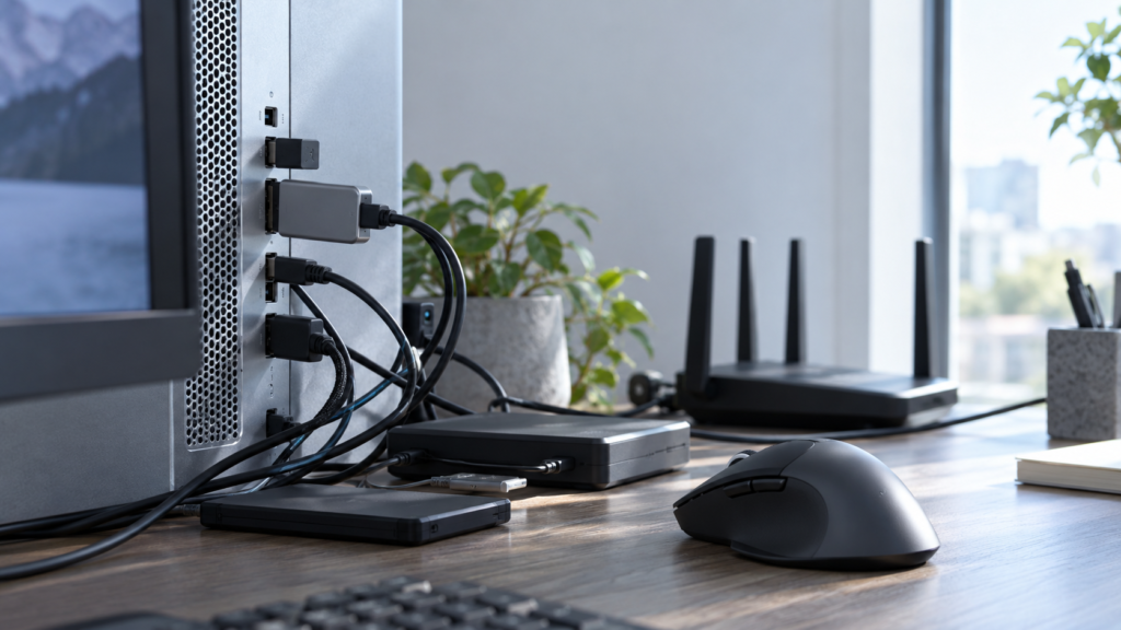 USB機器や複数のケーブルが接続されたPC周辺に、Wi-Fiルーターとワイヤレスマウスが置かれたデスク環境