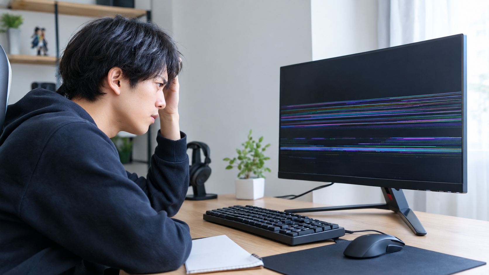横方向のカラフルな表示異常が出たモニターを、ノートと周辺機器のあるデスクで確認する男性