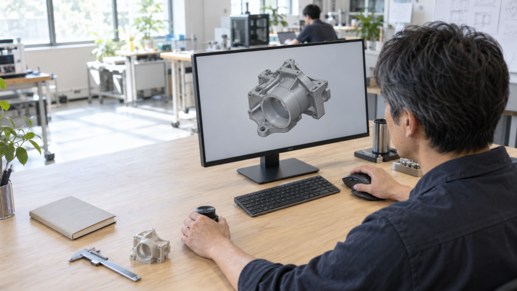 3D CADモデルを表示したモニター前で、右手の多ボタンマウスと左手の3Dナビゲーションコントローラーを併用する男性