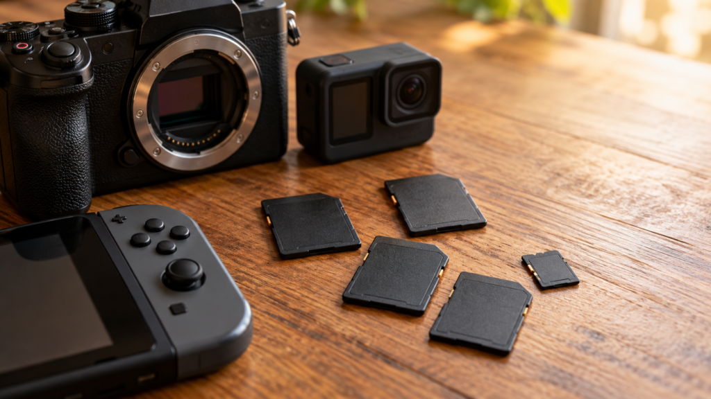 ミラーレスカメラやアクションカメラ、携帯ゲーム機のそばに並ぶSDカードとmicroSDカード