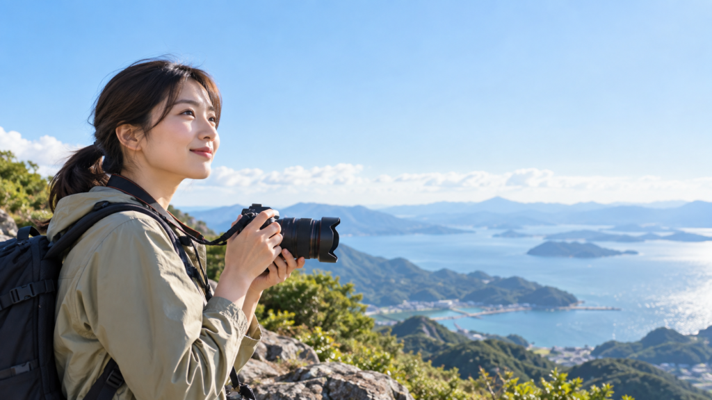 山と海を望む高台でカメラを構え、風景撮影に備える女性と広い青空の余白