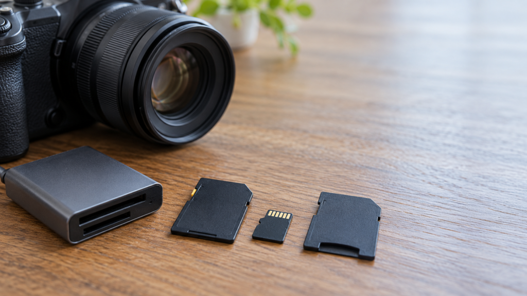 カメラ、カードリーダー、SDカード、microSDカード、変換アダプターを木製机に並べた構成