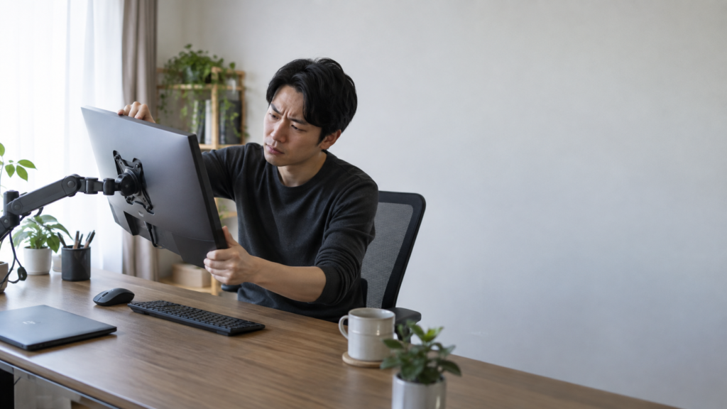 モニターアームに取り付けた画面を両手で支え、角度や位置を確認しながら調整する男性