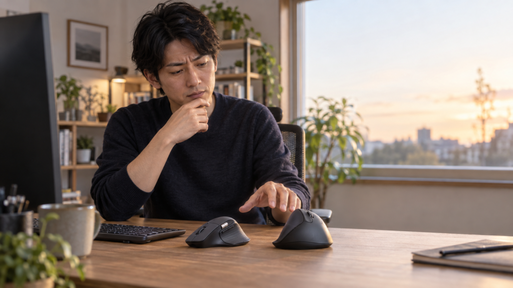 木製デスクに形状の異なる2台の多機能マウスを並べ、手を伸ばしながら比較検討する男性