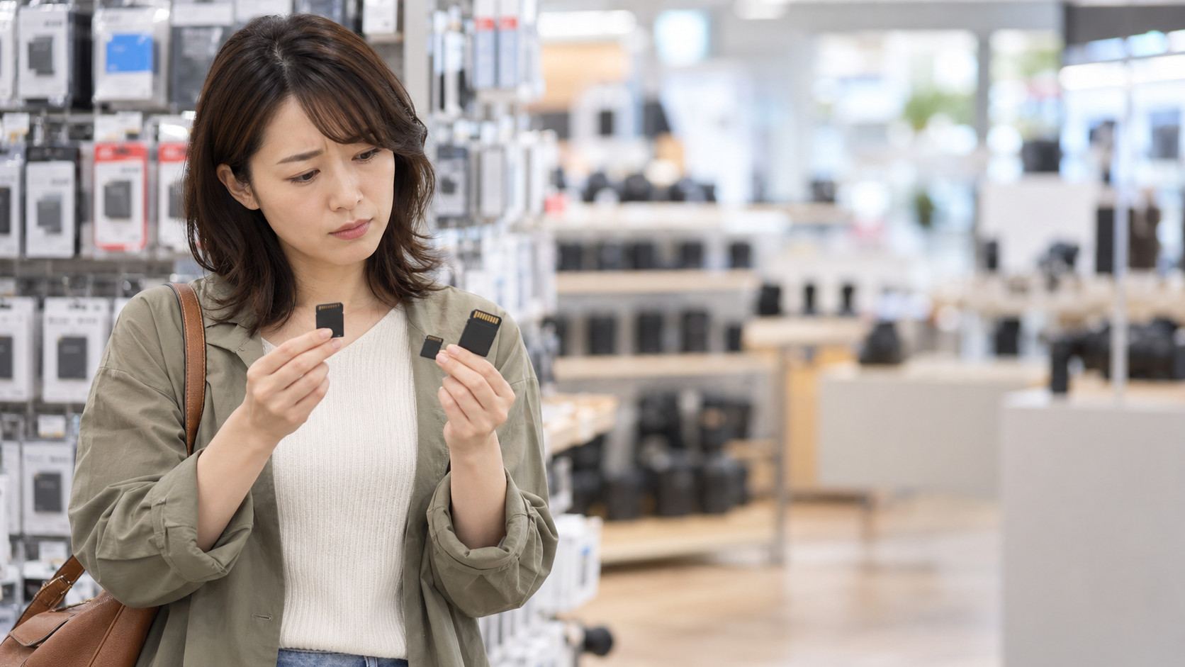 家電量販店でSDカードとmicroSDカード、変換アダプターを手に取り形状を見比べる女性