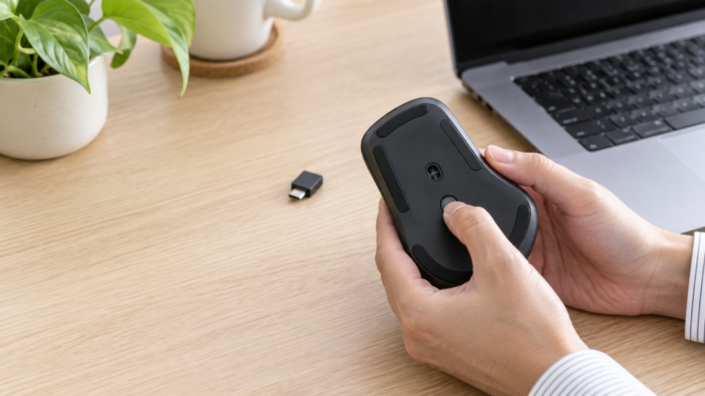 ノートPCとUSB-Cレシーバーのそばで、ワイヤレスマウス底面の切り替えボタンを指で押している手元