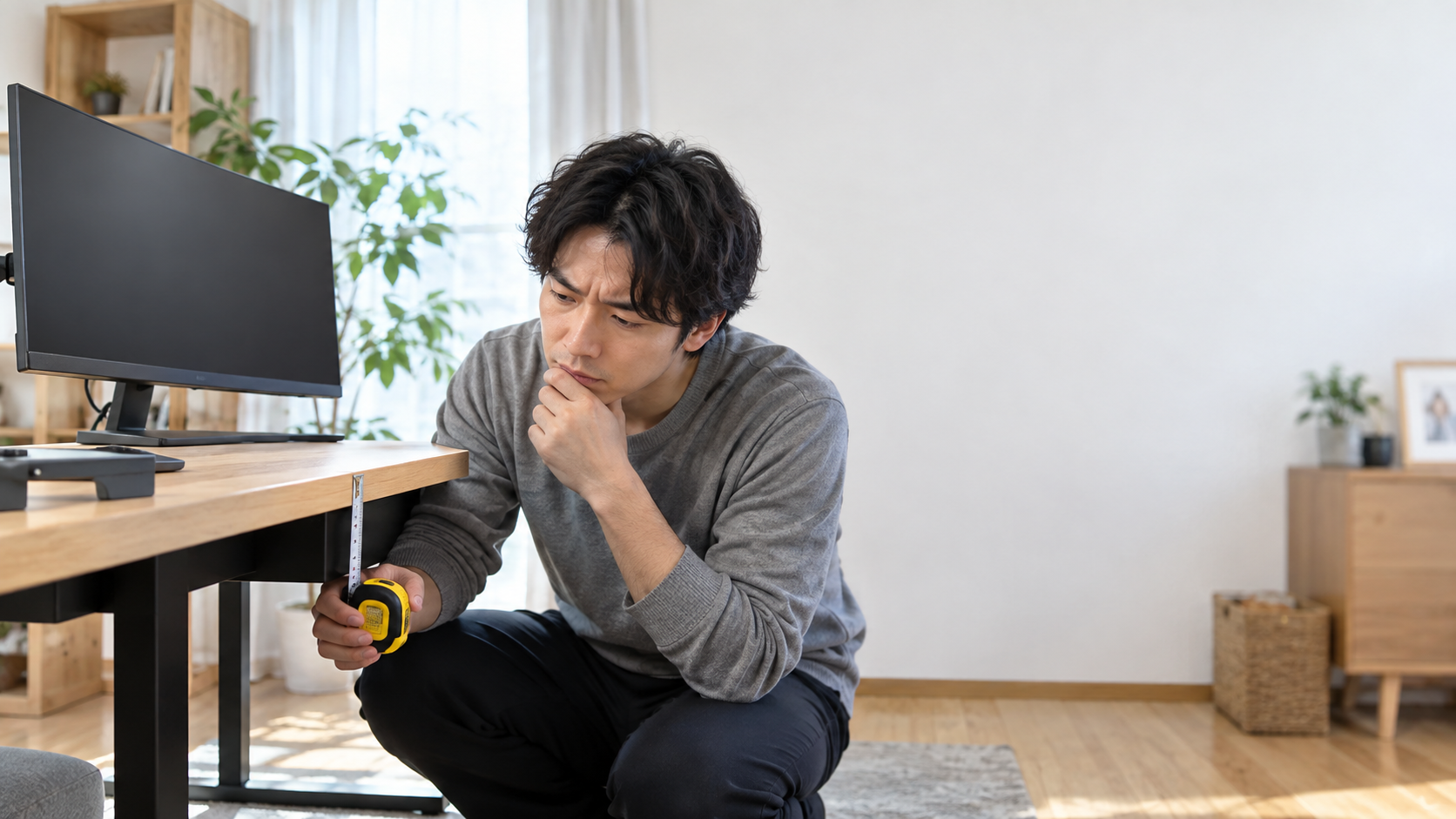 モニターを置いた木製デスク脇で、メジャーを使って天板の厚みとクランプ固定スペースを確認する人物