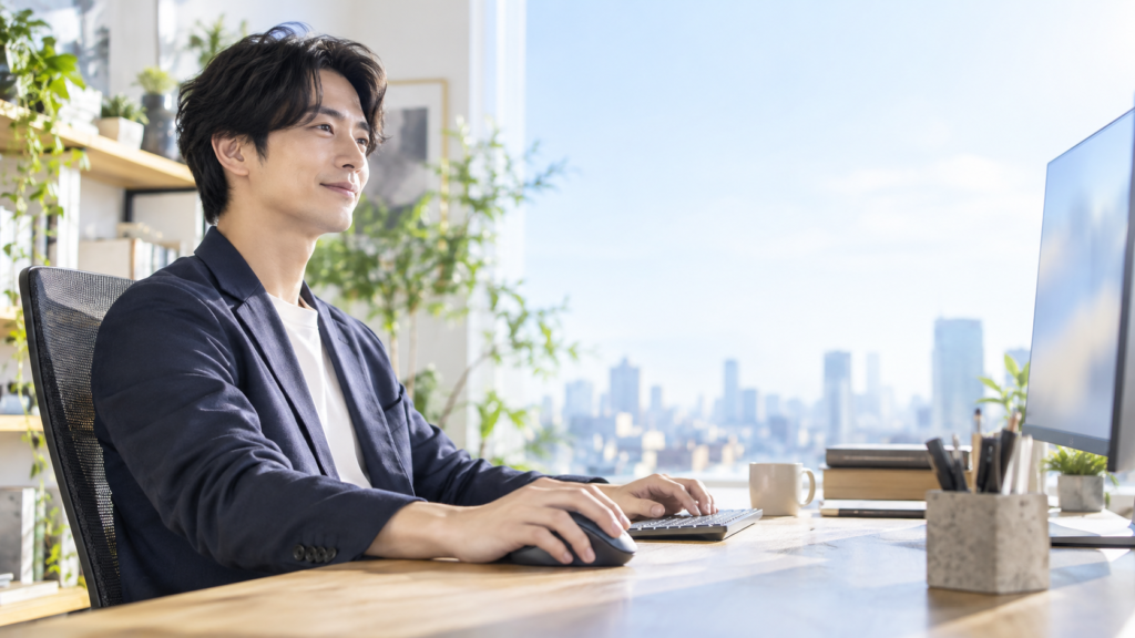 明るいワークスペースでエルゴノミクスマウスを操作し、キーボードと大型モニターで作業する男性