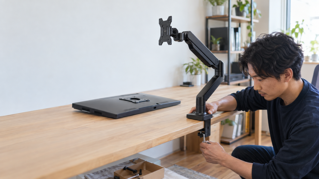 黒いシングルモニターアームを木製デスクに固定し、六角レンチでクランプを締め付ける取り付け作業