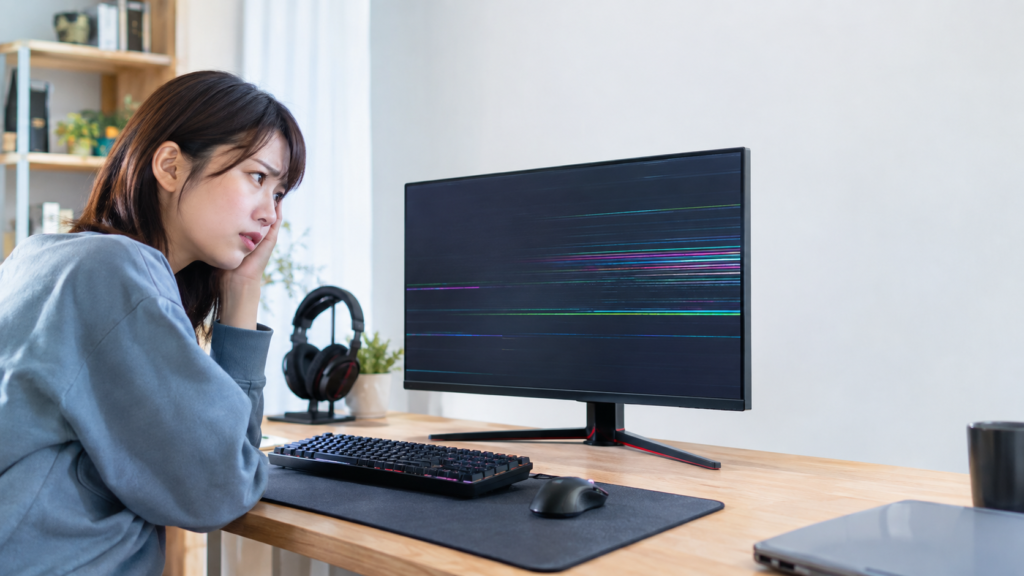 横方向に多数の色線が表示されたモニターを、ヘッドホンやノートPCのあるデスクで確認する女性