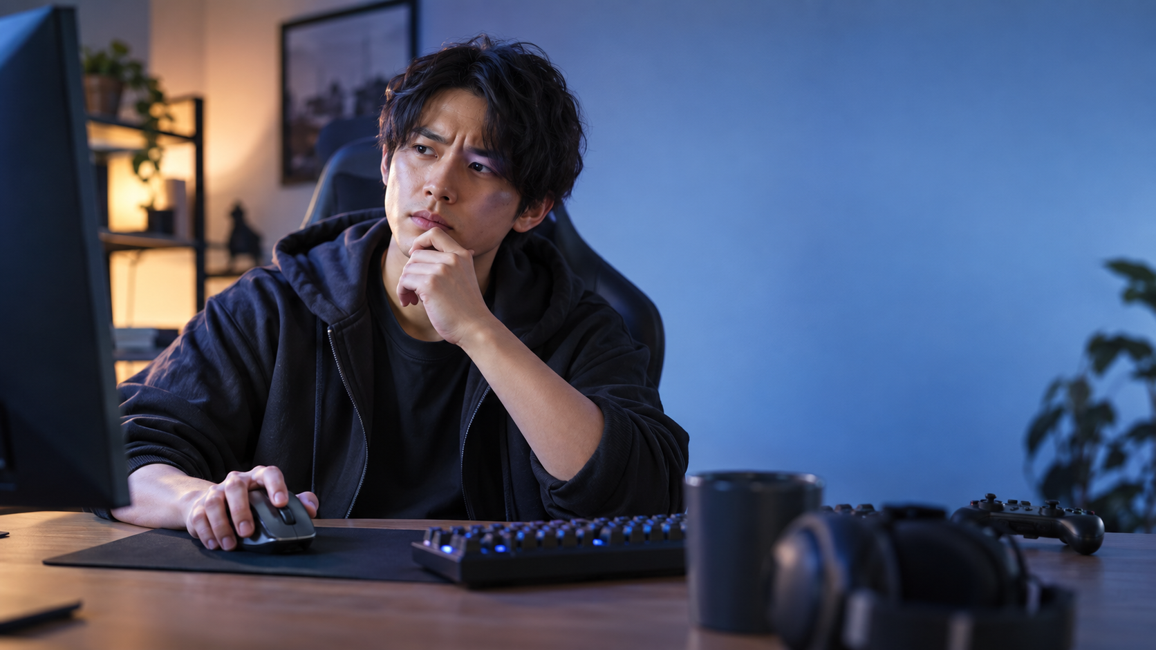 モニターを見ながら片手で多ボタンマウスを操作し、あごに手を添えて使用感を考える男性のゲーム用デスク