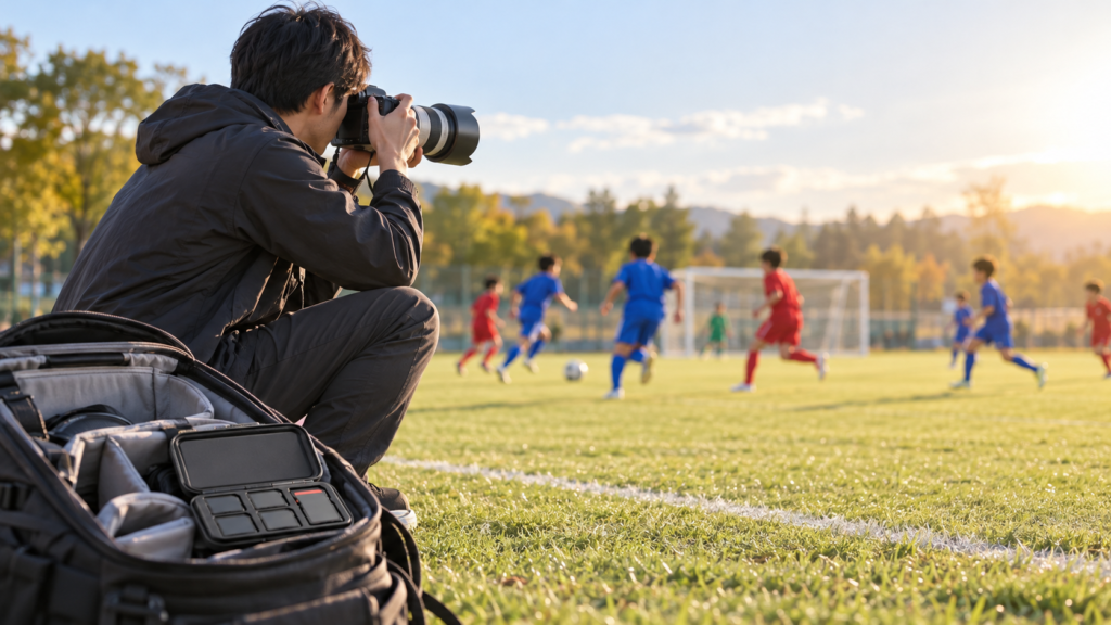 夕暮れのサッカー場で、SDカードケースを収納したカメラバッグをそばに置き、望遠レンズで試合中の選手を撮影する男性