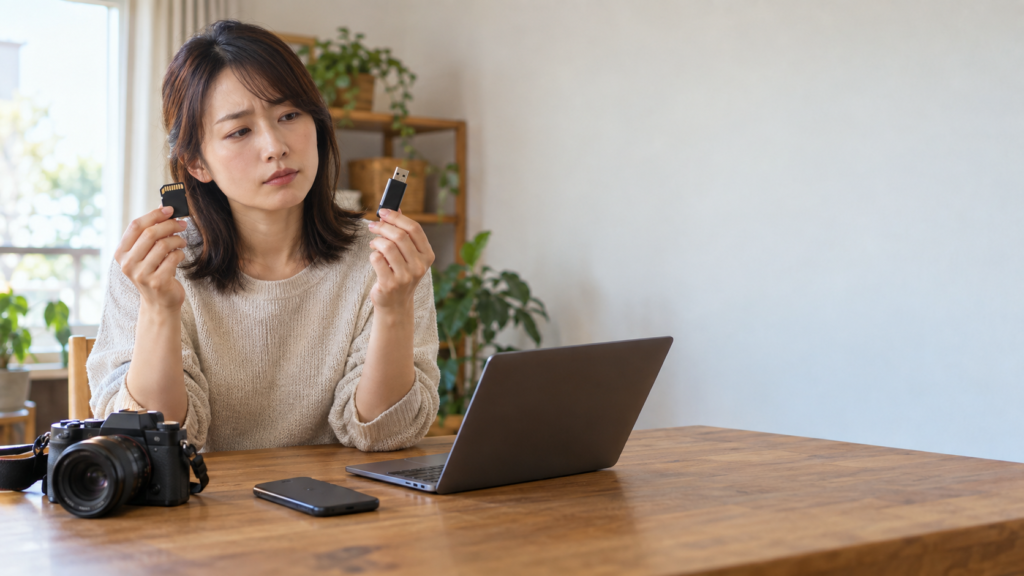 SDカードとUSBメモリを両手で見比べ、カメラやノートPCを前に保存方法を検討する女性