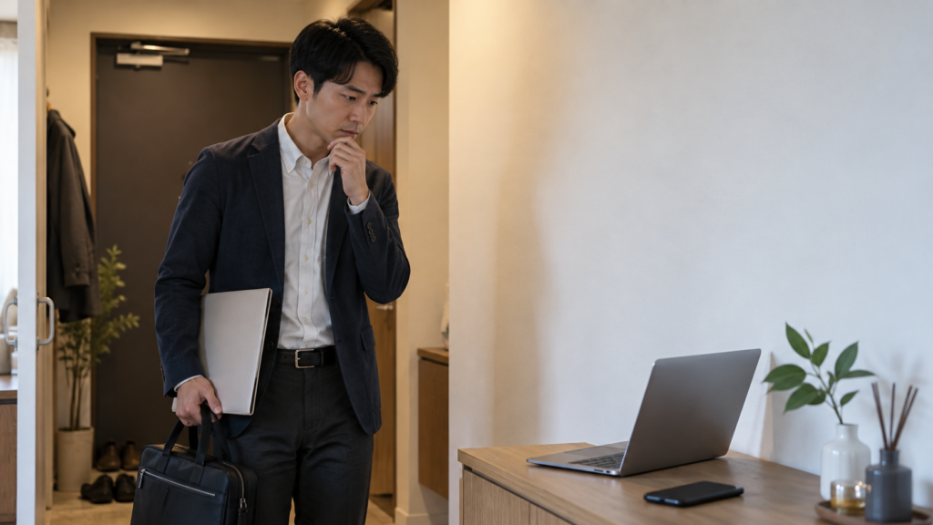 玄関先で書類ファイルと仕事用バッグを持ち、開いたノートパソコンの近くで考え込むように立つスーツ姿の男性