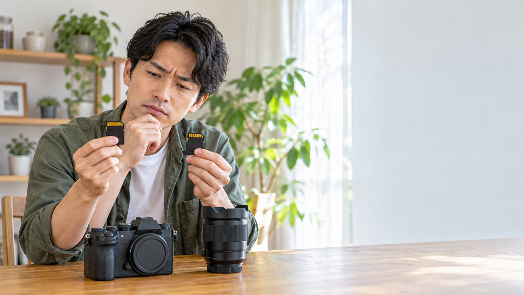 ミラーレスカメラと交換レンズを置いた木製テーブルで、2枚のSDカードを手に持ち、それぞれの違いを見比べる男性