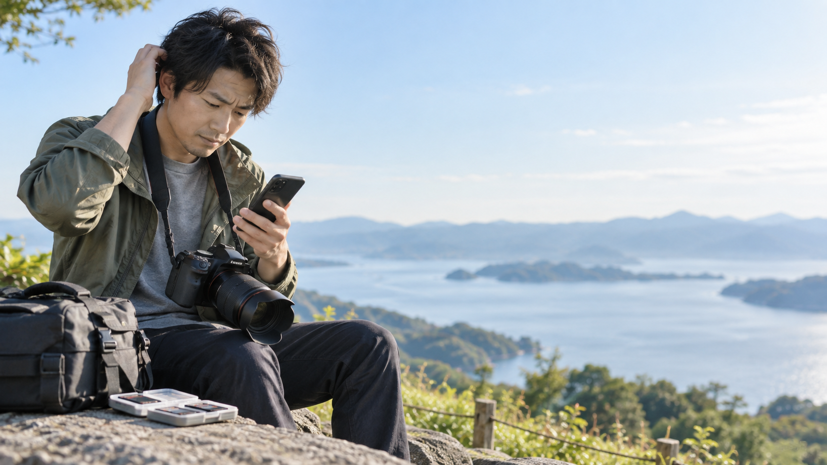 撮影先でカメラを下げた男性がスマートフォンを確認し、そばにSDカードケースを置いている