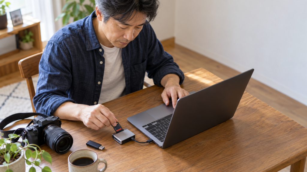 SDカードをカードリーダーに挿し、カメラ横のノートPCへ写真データを移す準備をする男性